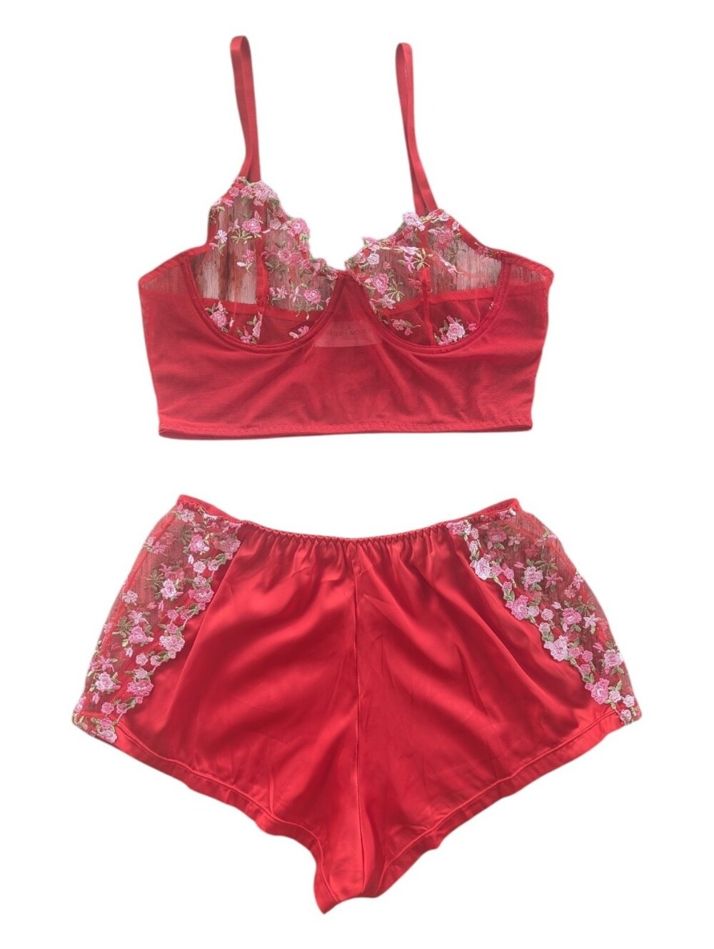 Bed of Roses Red Floral Embroidered Mesh Bralette & Satin Shorts Lingerie Set S